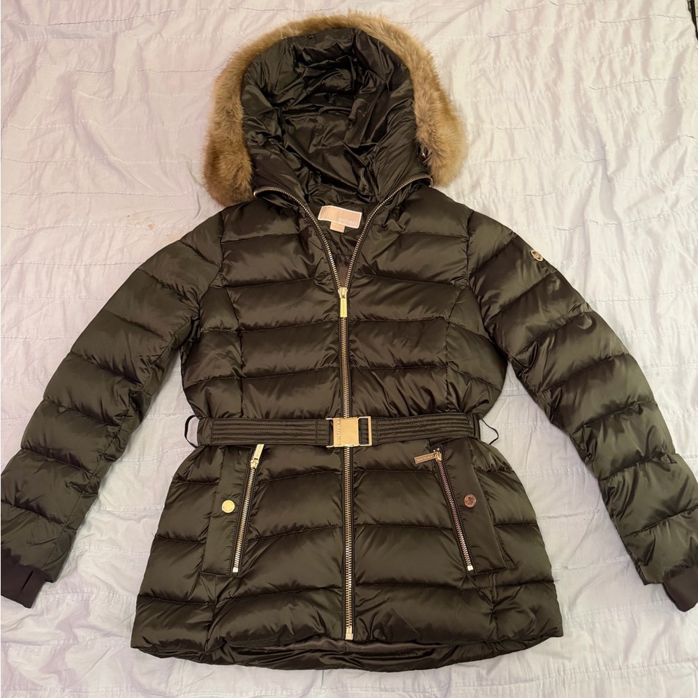 Michael Kors Women's Olive Green Puffer Jacket with Fur Trim